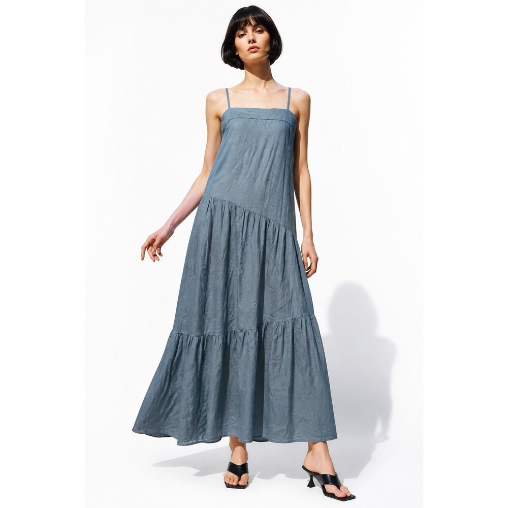 Sim & Sam Dusty Blue Linen Blend Asymmetrical Tiered Maxi Dress M